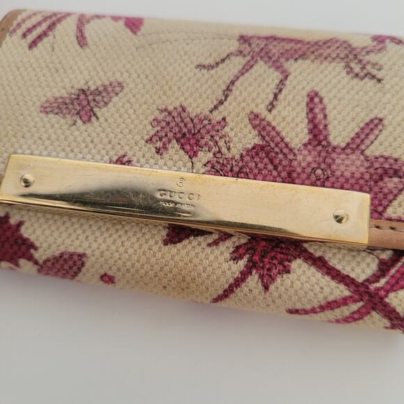 Gucci Floral Key Holder Wallet Case Leather Canvas Small Beige Pink Trifold - Picture 12 of 12